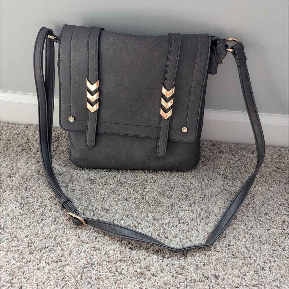 ALYSSA Flapover Crossbody Bag Purse Charcoal Gray Faux Leather Gold Hardware